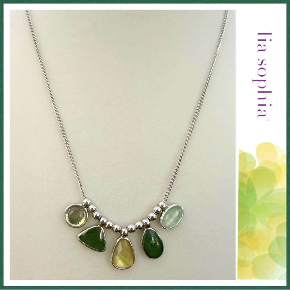 Lia Sophia SHAMROCK Necklace. Shades of Green & Yellow. Silver Tone.